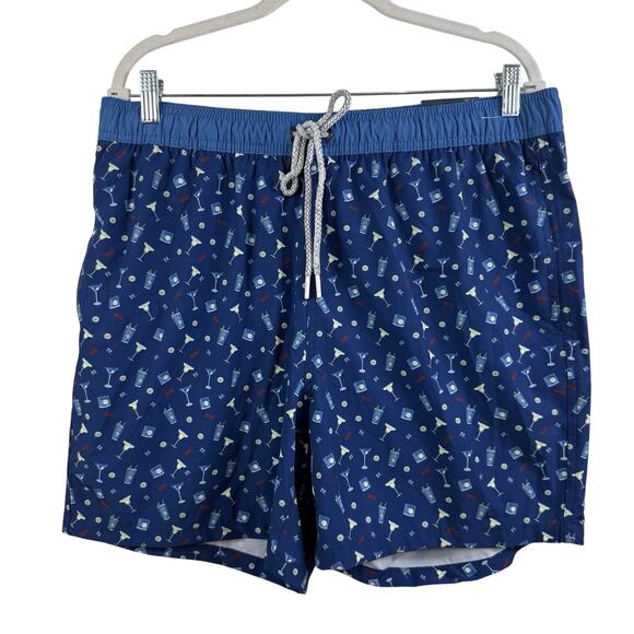 New Cocktail Print Rainforest Blue Volley Swim Trunks Mens Large Quick Dry Beach - Picture 2 of 14